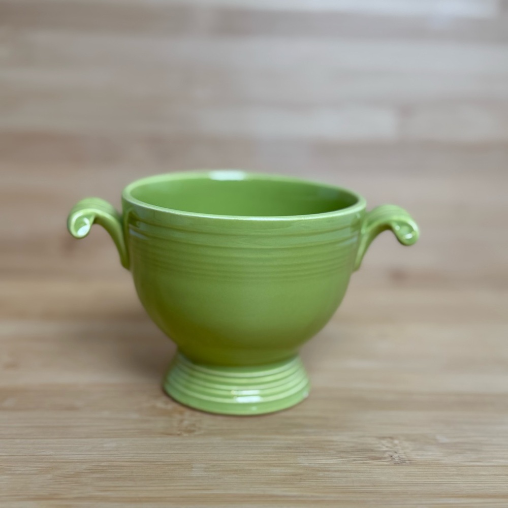 Vintage Fiestaware Avocado Green Pedestal Sugar Bowl Dual Handles – 1960s–70s
